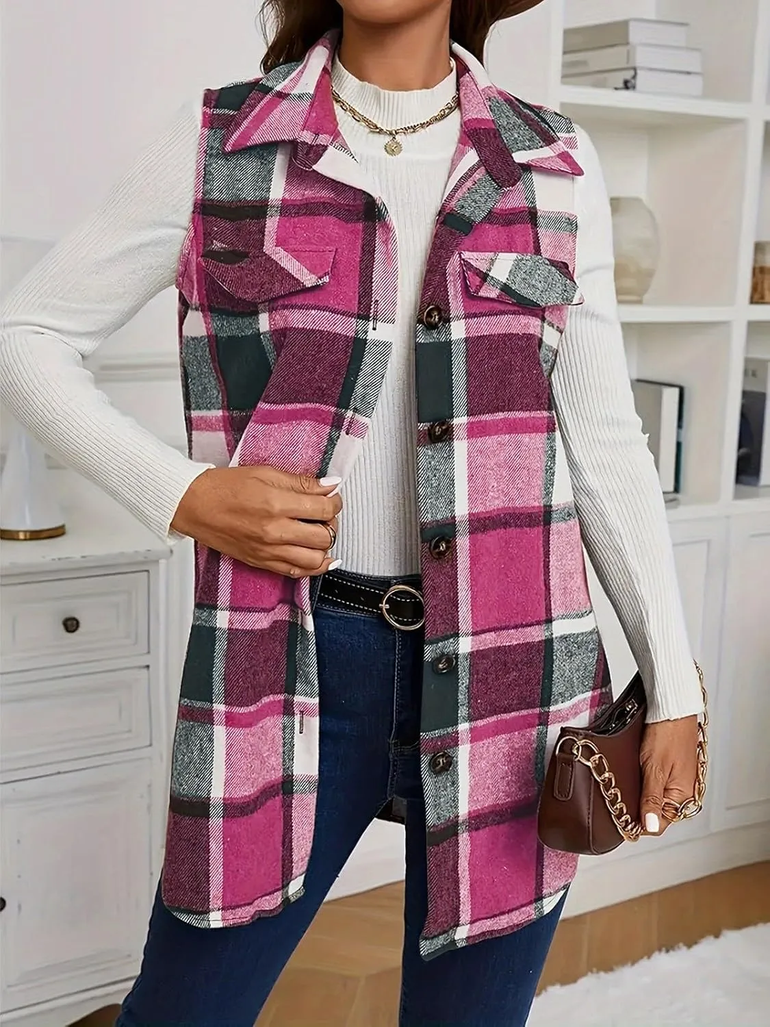 Wowcarbazole Womens Plaid Vest Button Down Sleeveless Lapel Neck Long Vest Tops Outerwear Casual Flannel Waistcoat Jackets