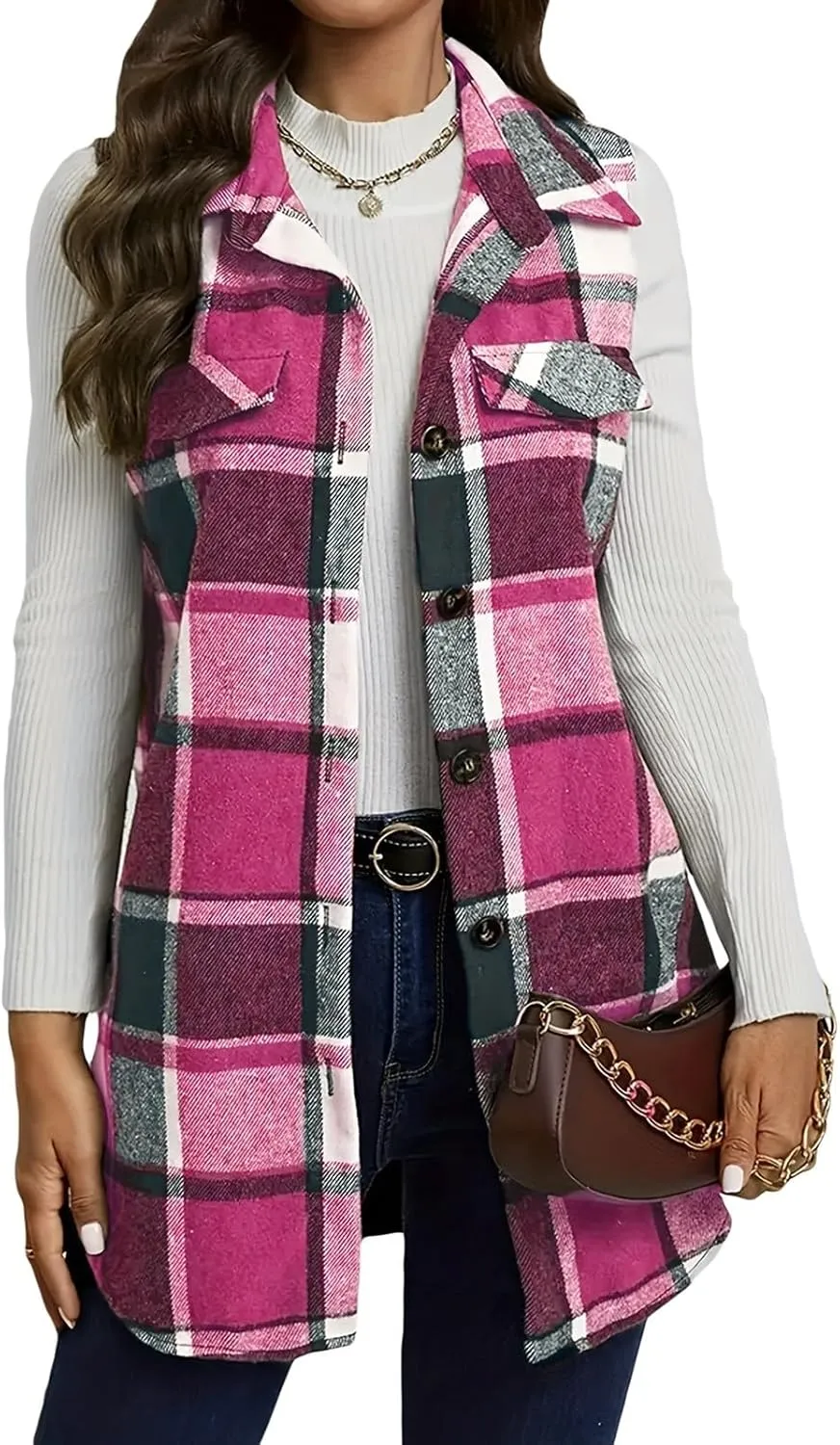 Wowcarbazole Womens Plaid Vest Button Down Sleeveless Lapel Neck Long Vest Tops Outerwear Casual Flannel Waistcoat Jackets