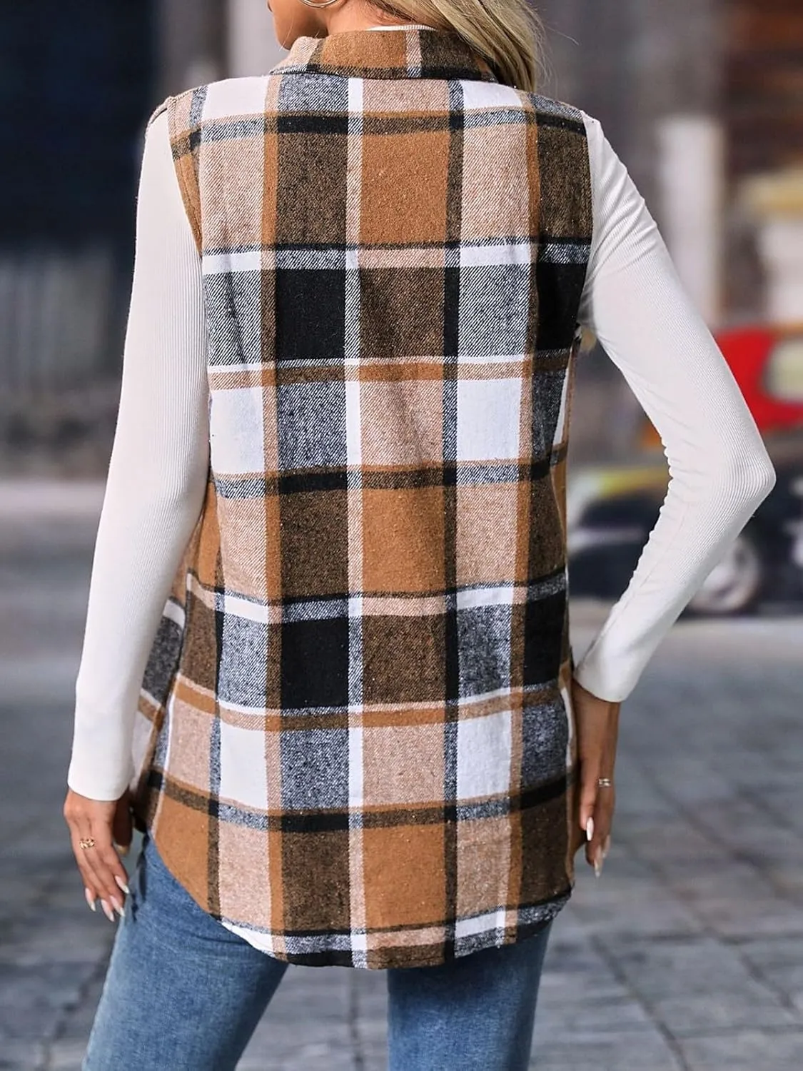 Wowcarbazole Womens Plaid Vest Button Down Sleeveless Lapel Neck Long Vest Tops Outerwear Casual Flannel Waistcoat Jackets