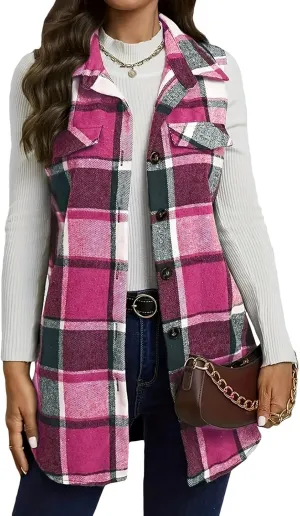 Wowcarbazole Womens Plaid Vest Button Down Sleeveless Lapel Neck Long Vest Tops Outerwear Casual Flannel Waistcoat Jackets