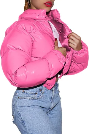 XBTCLXEBCO Women's Short Puffer Jacket Winter Long Sleeve Full Zipper Quilted Down Coat Stand Collar Crop Padded Jacket
