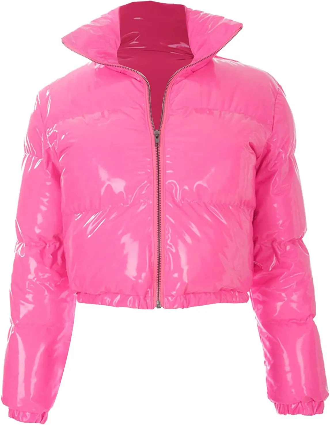 XBTCLXEBCO Women's Short Puffer Jacket Winter Long Sleeve Full Zipper Quilted Down Coat Stand Collar Crop Padded Jacket