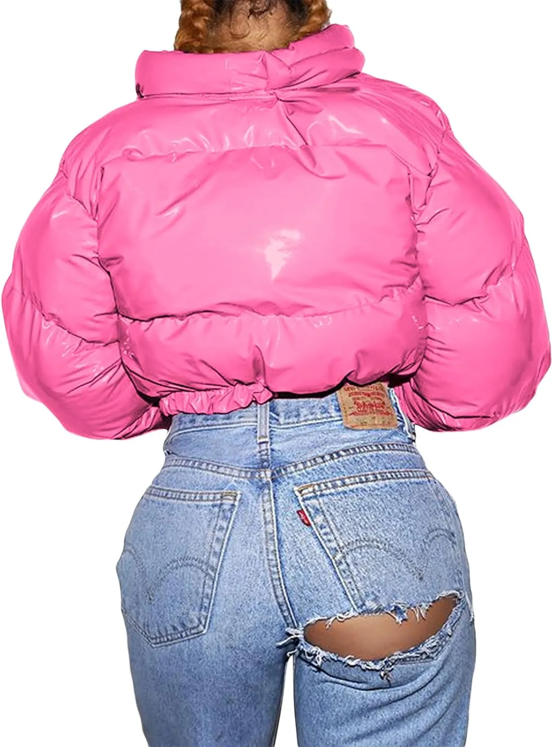 XBTCLXEBCO Women's Short Puffer Jacket Winter Long Sleeve Full Zipper Quilted Down Coat Stand Collar Crop Padded Jacket