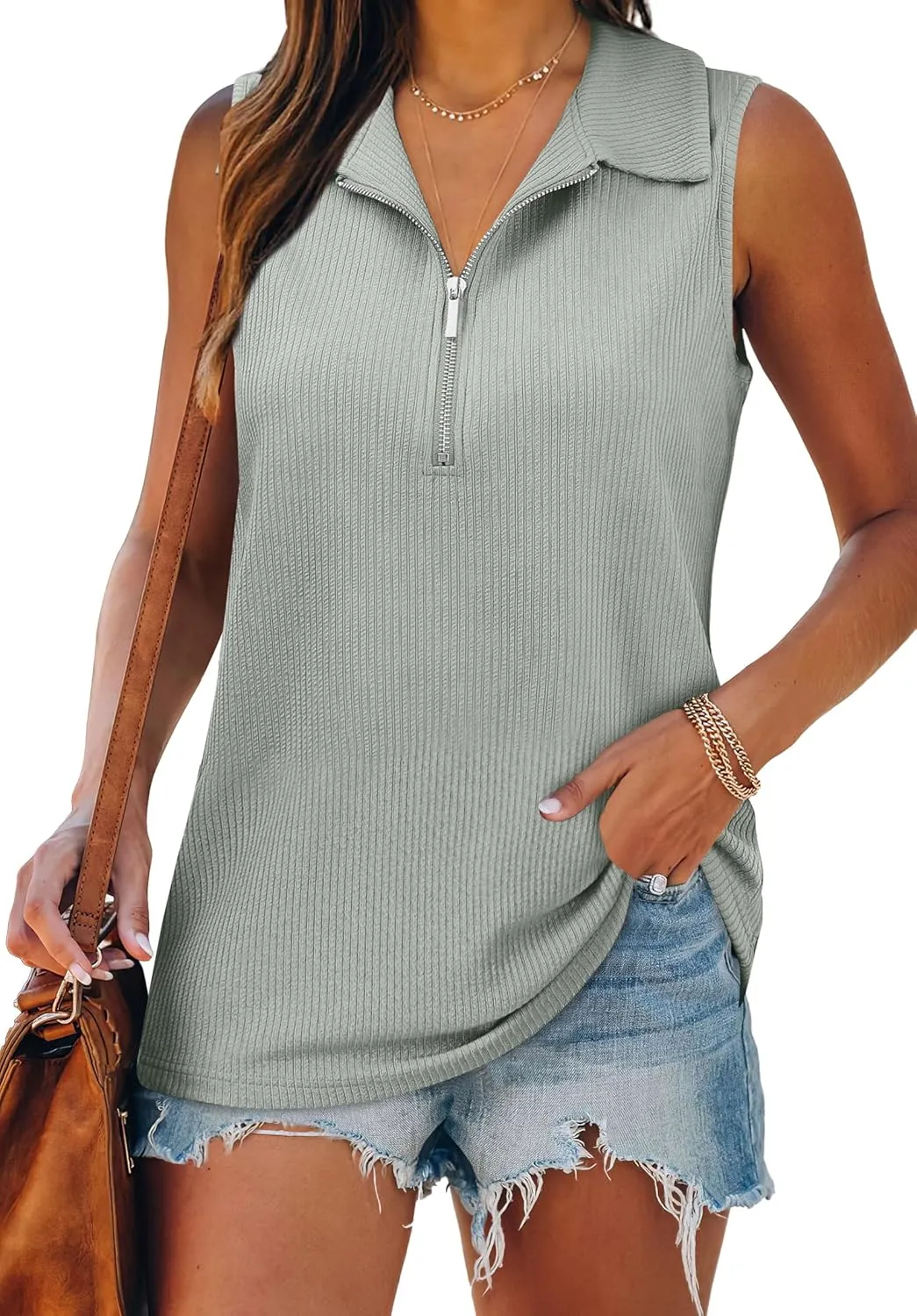 XIEERDUO Womens Summer Tops V Neck Collared Shirts Dressy Casual Ribbed Tank Top with Zipper Loose Fit