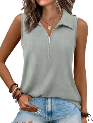 XIEERDUO Womens Summer Tops V Neck Collared Shirts Dressy Casual Ribbed Tank Top with Zipper Loose Fit