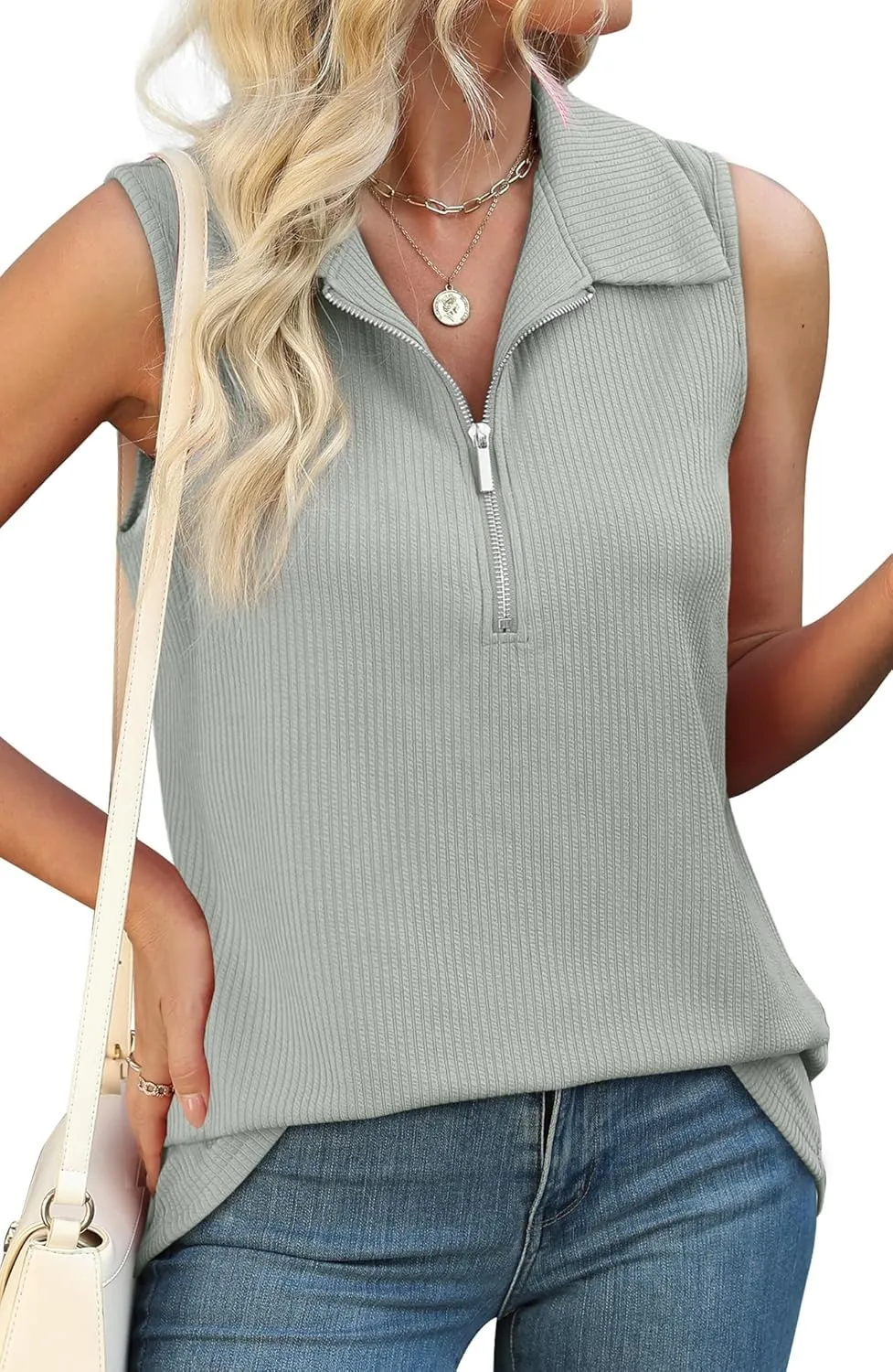 XIEERDUO Womens Summer Tops V Neck Collared Shirts Dressy Casual Ribbed Tank Top with Zipper Loose Fit