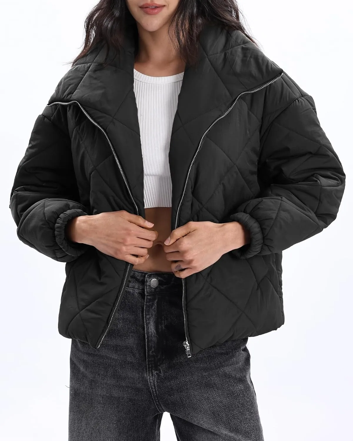 Xintianji Women Quilted Outerwear Turn-Down Collar Coats - Long Sleeve Zip Winter Jacket with Pockets