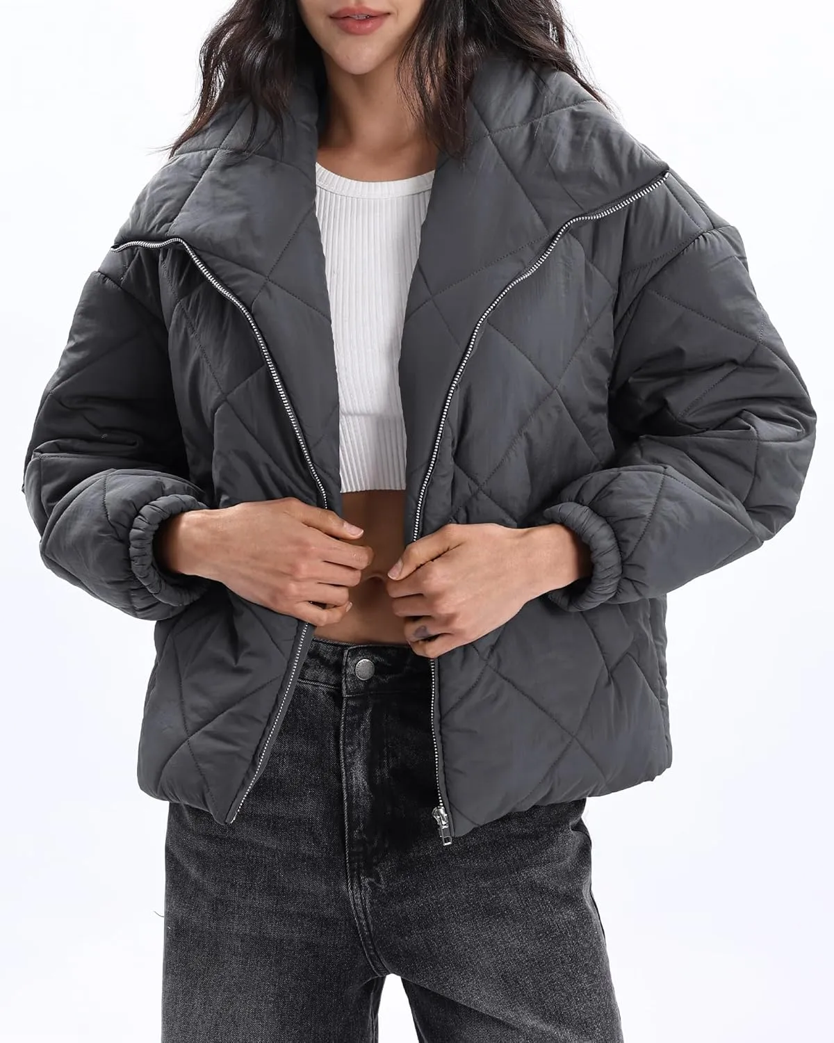 Xintianji Women Quilted Outerwear Turn-Down Collar Coats - Long Sleeve Zip Winter Jacket with Pockets