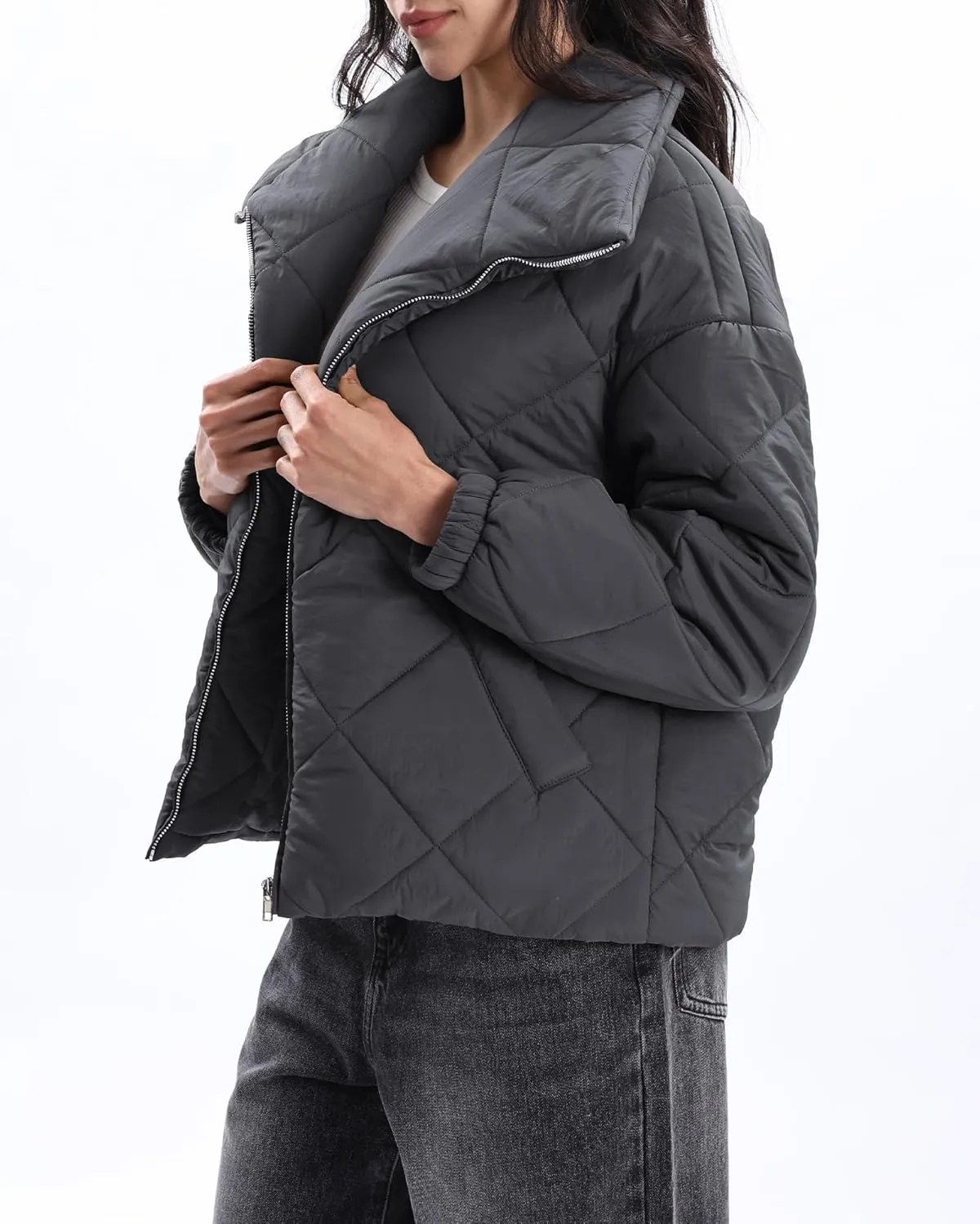 Xintianji Women Quilted Outerwear Turn-Down Collar Coats - Long Sleeve Zip Winter Jacket with Pockets