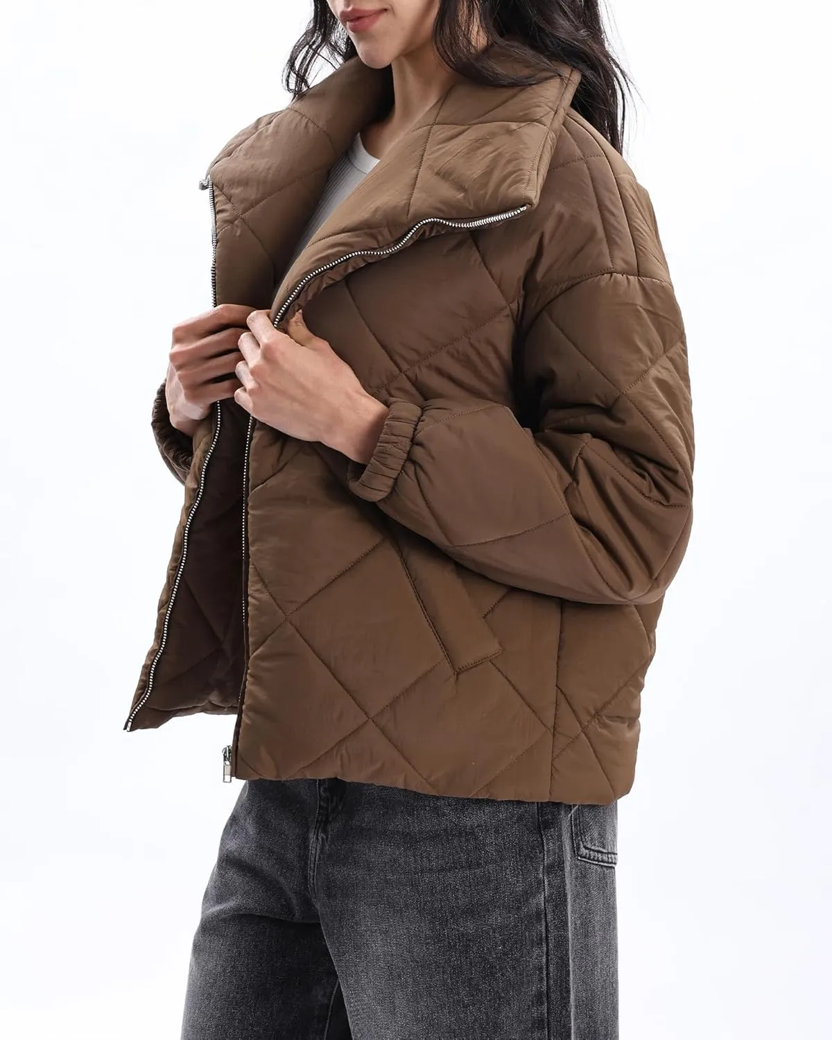 Xintianji Women Quilted Outerwear Turn-Down Collar Coats - Long Sleeve Zip Winter Jacket with Pockets