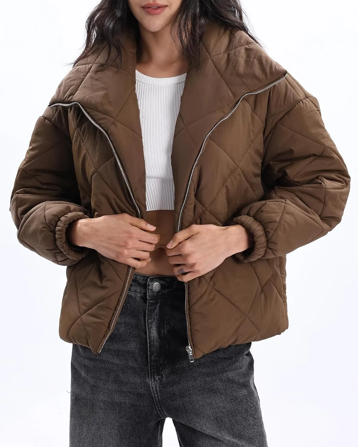 Xintianji Women Quilted Outerwear Turn-Down Collar Coats - Long Sleeve Zip Winter Jacket with Pockets
