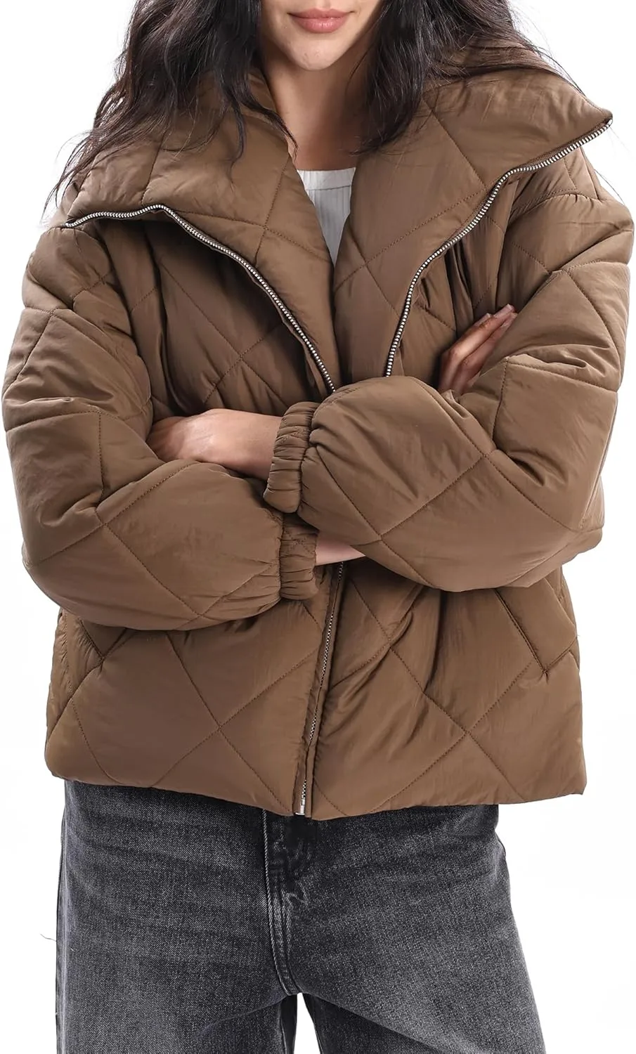 Xintianji Women Quilted Outerwear Turn-Down Collar Coats - Long Sleeve Zip Winter Jacket with Pockets