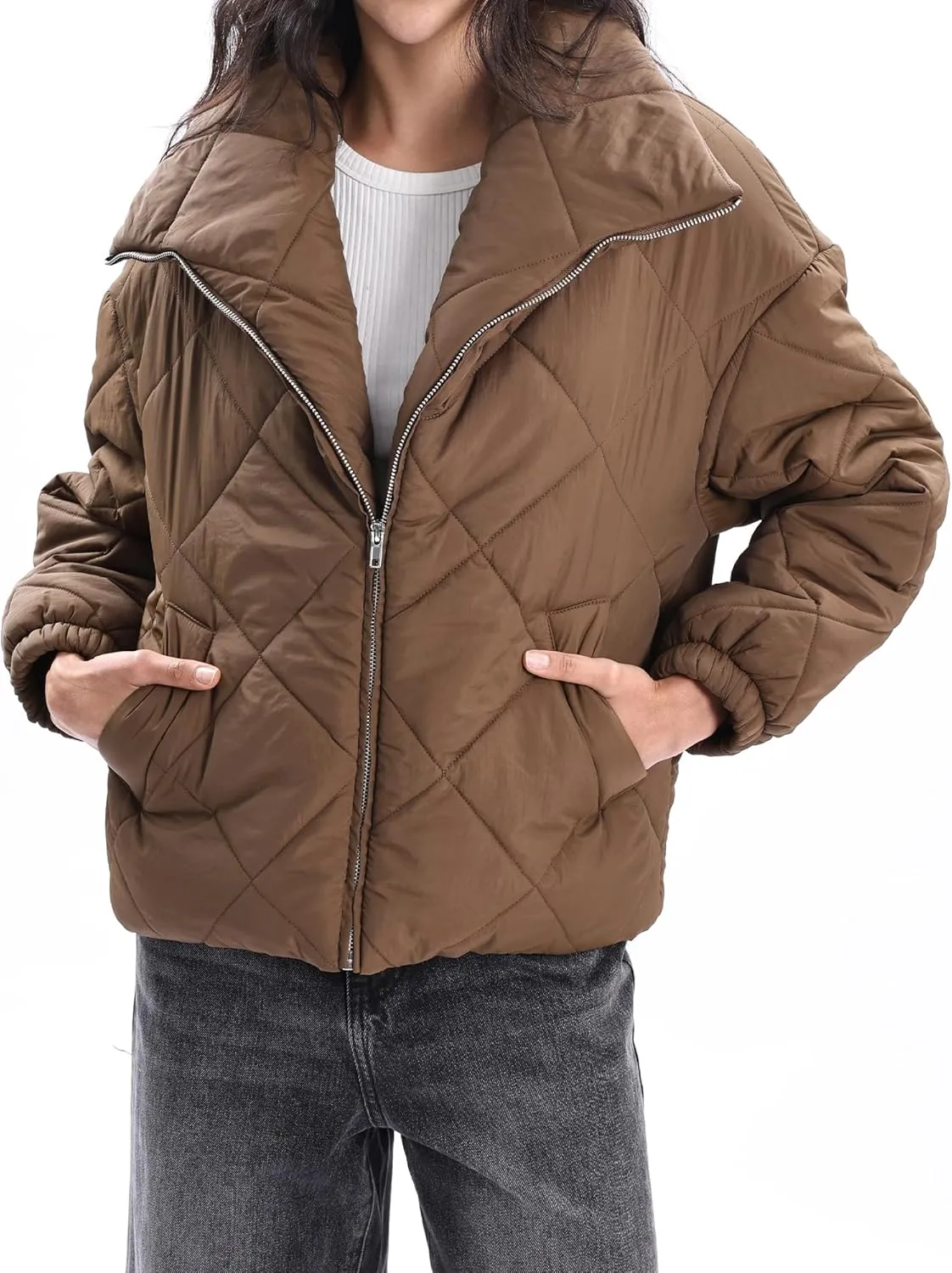Xintianji Women Quilted Outerwear Turn-Down Collar Coats - Long Sleeve Zip Winter Jacket with Pockets