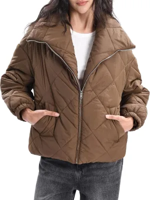 Xintianji Women Quilted Outerwear Turn-Down Collar Coats - Long Sleeve Zip Winter Jacket with Pockets