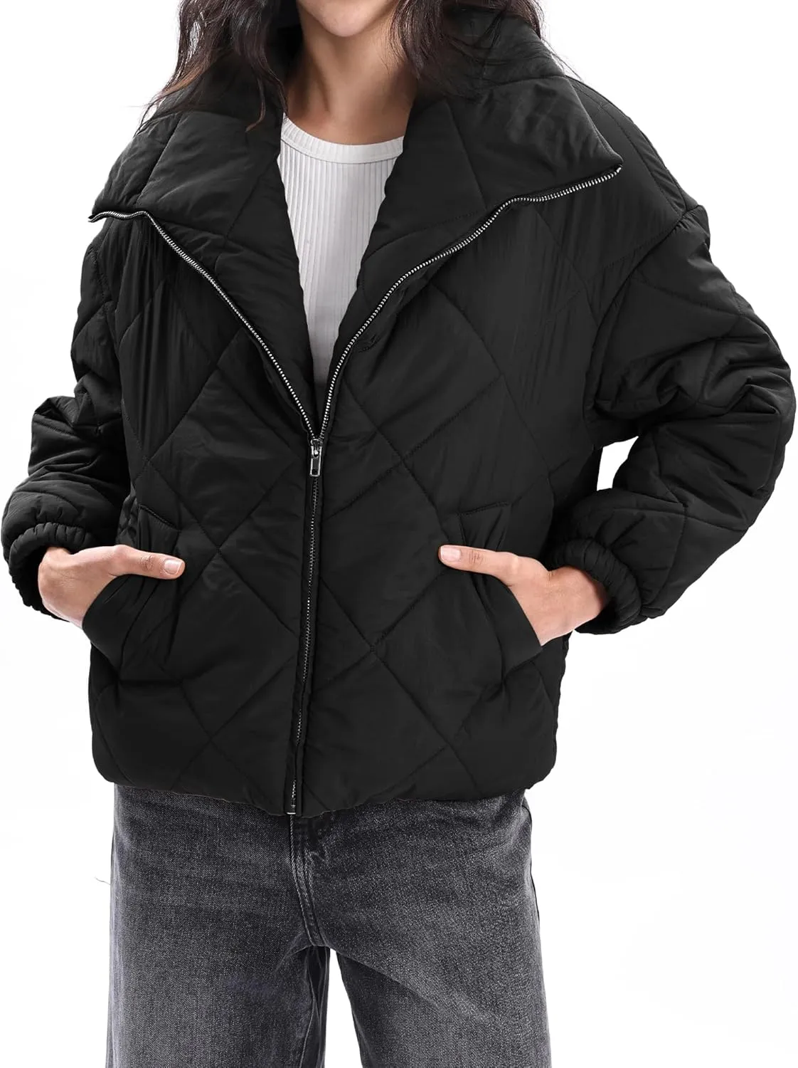 Xintianji Women Quilted Outerwear Turn-Down Collar Coats - Long Sleeve Zip Winter Jacket with Pockets