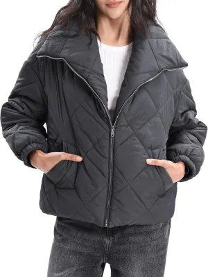 Xintianji Women Quilted Outerwear Turn-Down Collar Coats - Long Sleeve Zip Winter Jacket with Pockets
