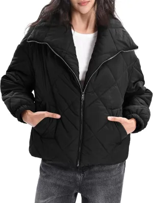 Xintianji Women Quilted Outerwear Turn-Down Collar Coats - Long Sleeve Zip Winter Jacket with Pockets