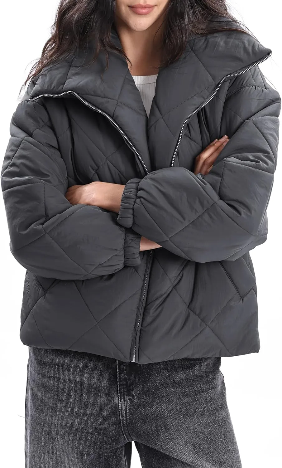 Xintianji Women Quilted Outerwear Turn-Down Collar Coats - Long Sleeve Zip Winter Jacket with Pockets