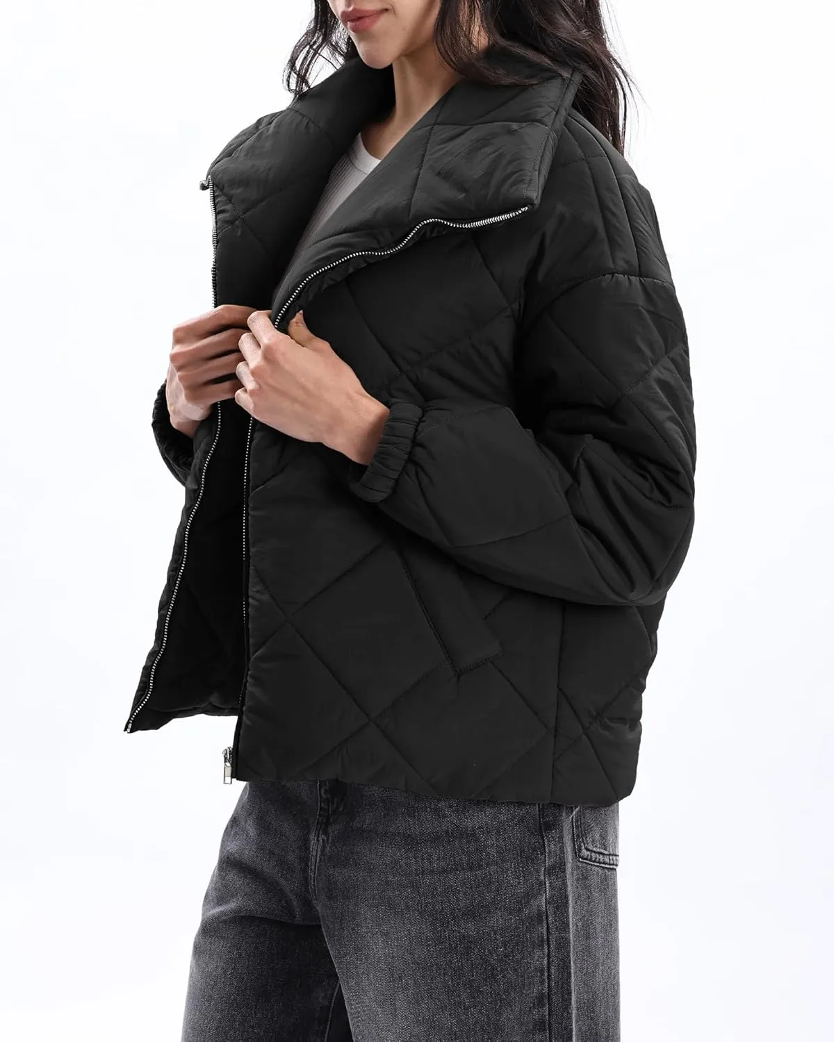 Xintianji Women Quilted Outerwear Turn-Down Collar Coats - Long Sleeve Zip Winter Jacket with Pockets