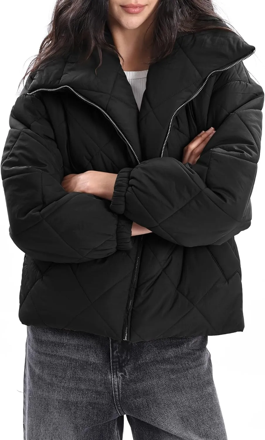 Xintianji Women Quilted Outerwear Turn-Down Collar Coats - Long Sleeve Zip Winter Jacket with Pockets