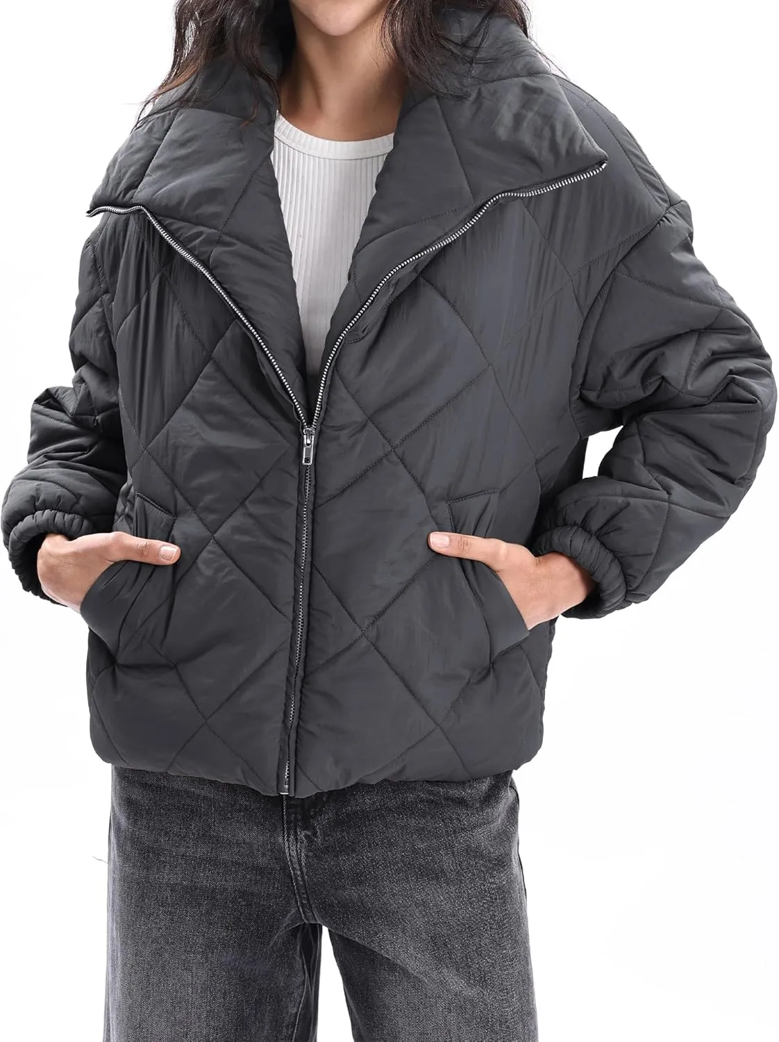 Xintianji Women Quilted Outerwear Turn-Down Collar Coats - Long Sleeve Zip Winter Jacket with Pockets