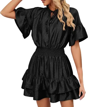 XOWRTE Womens Lace-up V Neck Casual Tiered A-Line Dresses Summer High Waist Ruffle Pleated Cute Mini Short Dress Babydoll