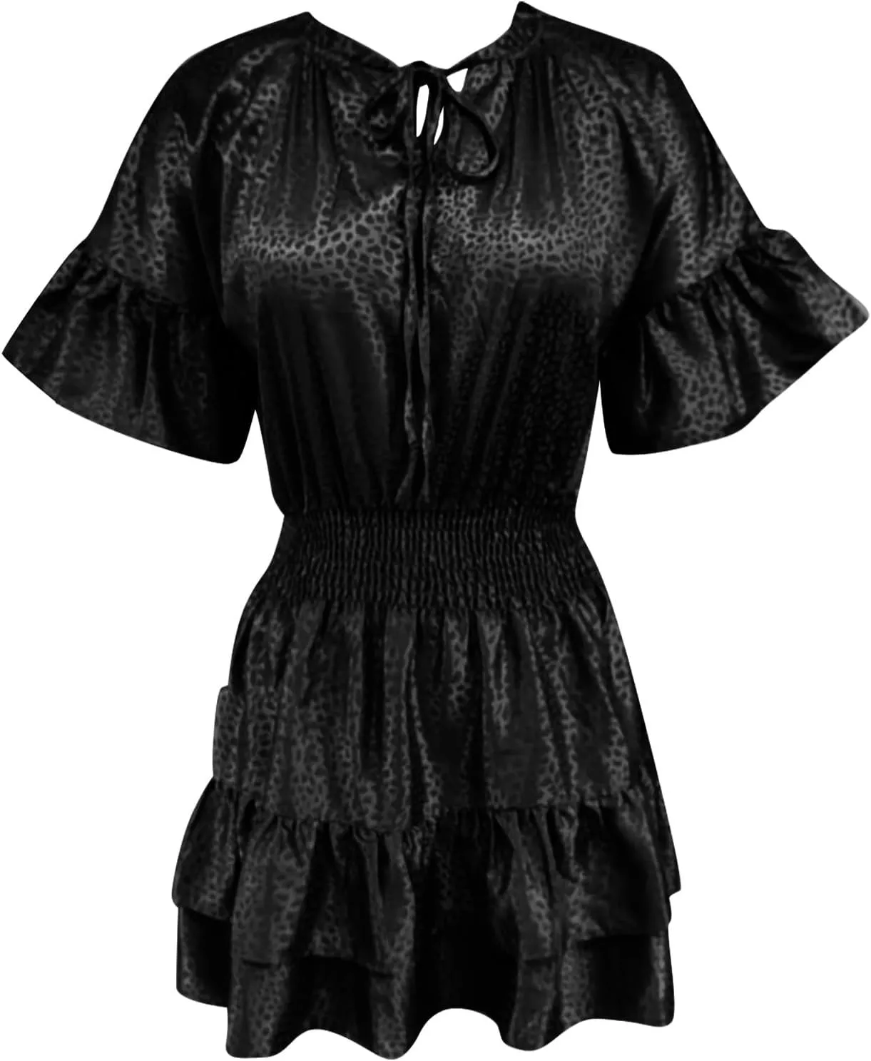 XOWRTE Womens Lace-up V Neck Casual Tiered A-Line Dresses Summer High Waist Ruffle Pleated Cute Mini Short Dress Babydoll