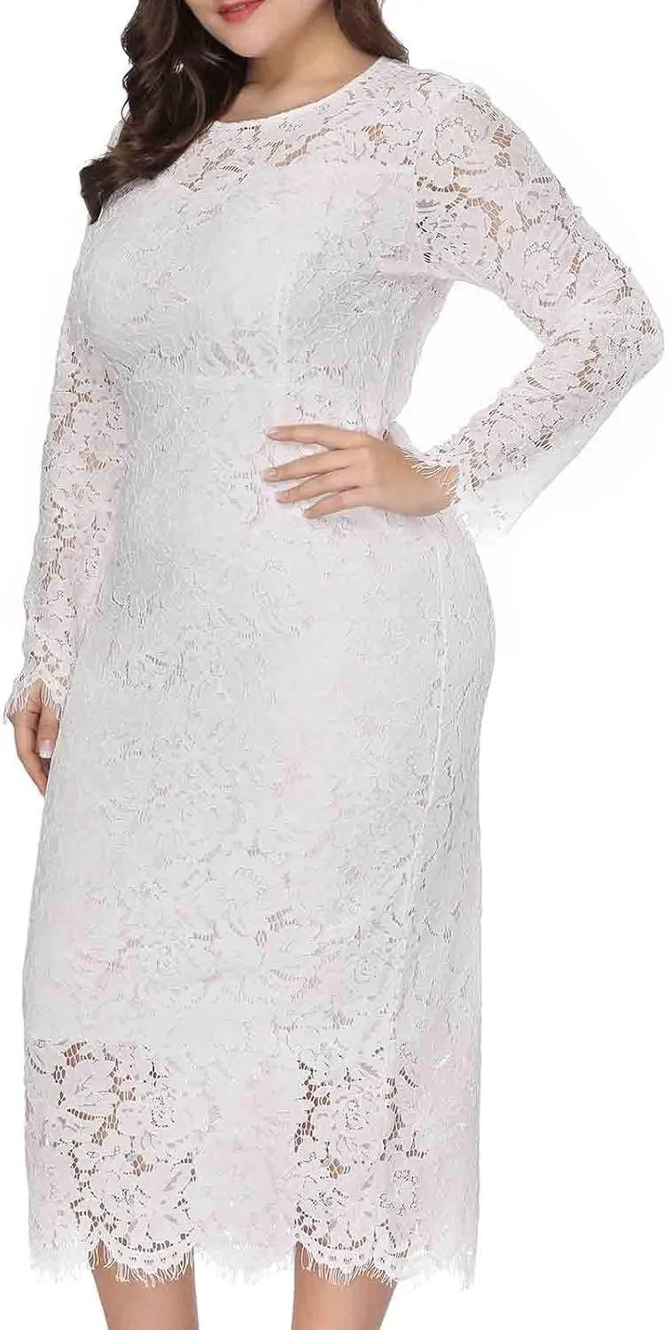 XUNRYAN Womens Plus Size Floral Lace Long Sleeve Round Neck Elegant Bodycon Midi Dress Cocktail Wedding Guest Dresses Gown