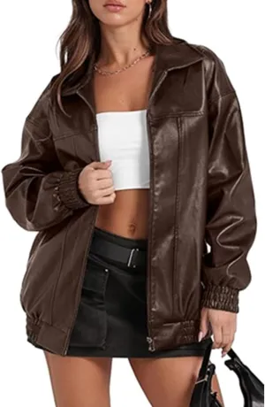 xxxiticat Women's PU Leather Jacket Long Sleeve Turn Down Collar Zipper Faux Leather Windbreaker Bomber Coat Outerwear