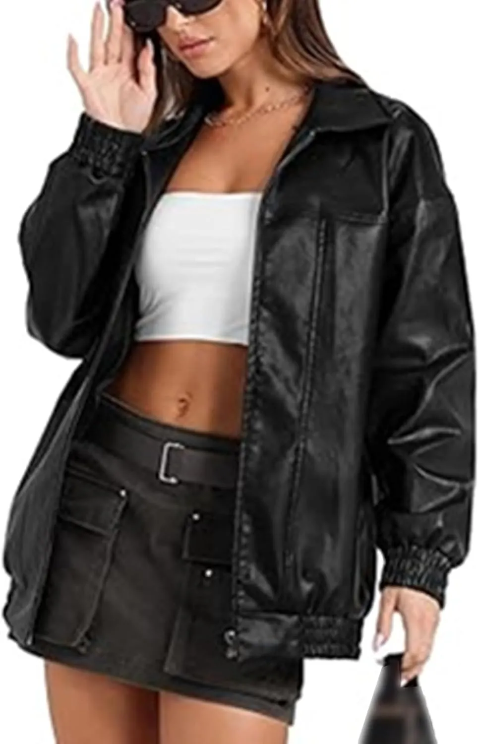 xxxiticat Women's PU Leather Jacket Long Sleeve Turn Down Collar Zipper Faux Leather Windbreaker Bomber Coat Outerwear