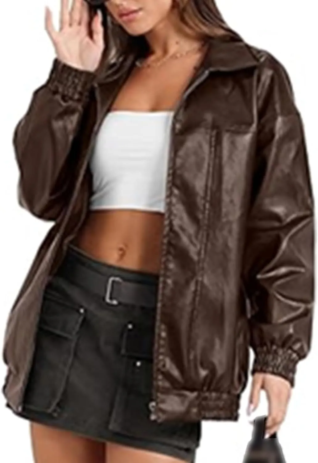 xxxiticat Women's PU Leather Jacket Long Sleeve Turn Down Collar Zipper Faux Leather Windbreaker Bomber Coat Outerwear