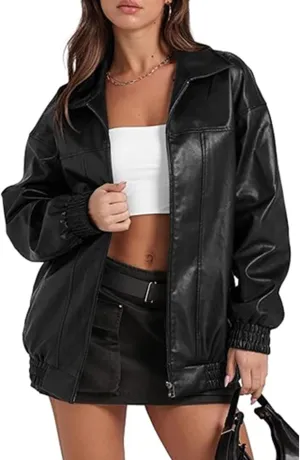 xxxiticat Women's PU Leather Jacket Long Sleeve Turn Down Collar Zipper Faux Leather Windbreaker Bomber Coat Outerwear