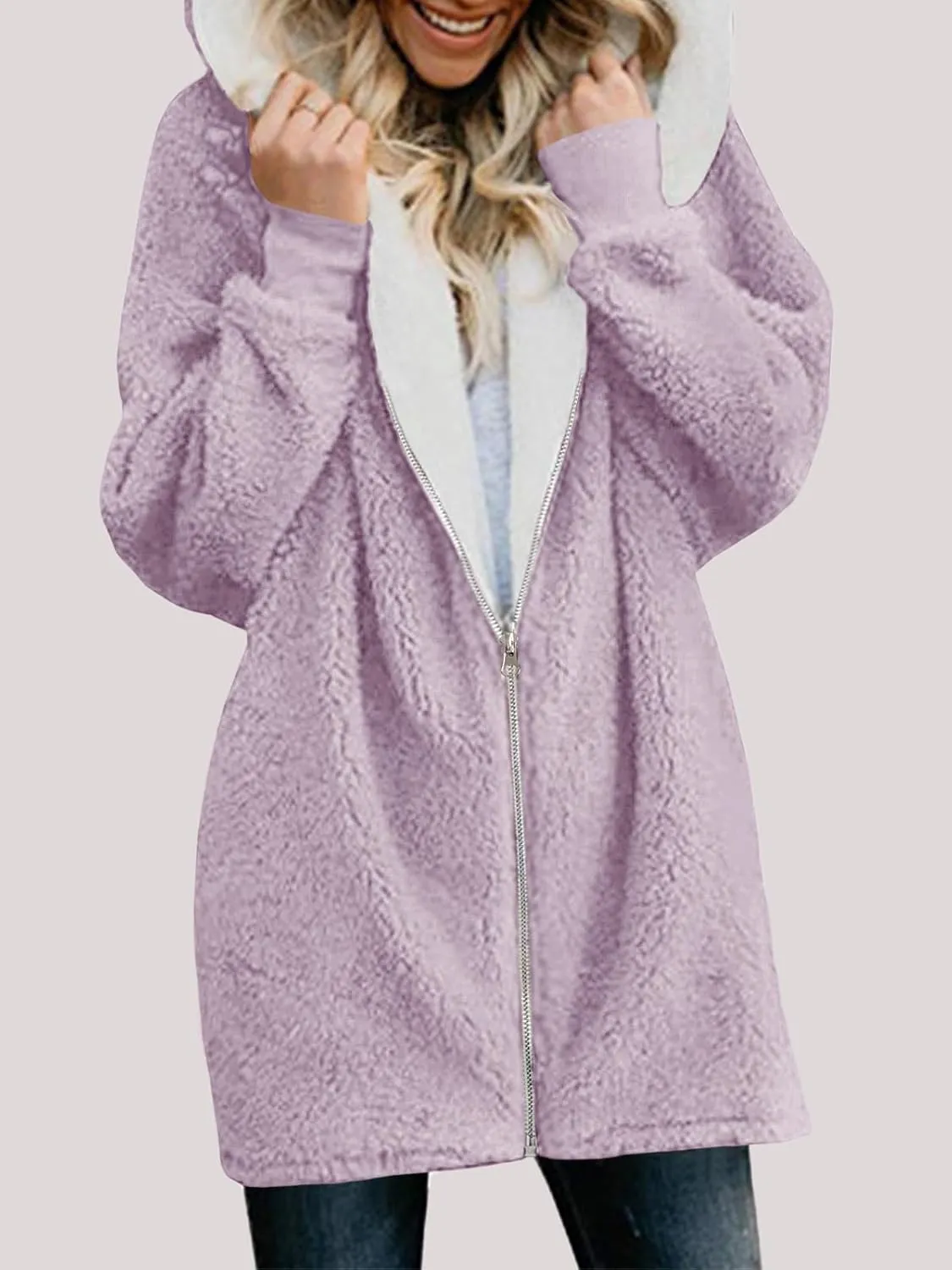 Yanekop Womens Oversized Sherpa Jacket Fuzzy Fleece Jackets Zip Up Outerwear Sweater Coat with Hood