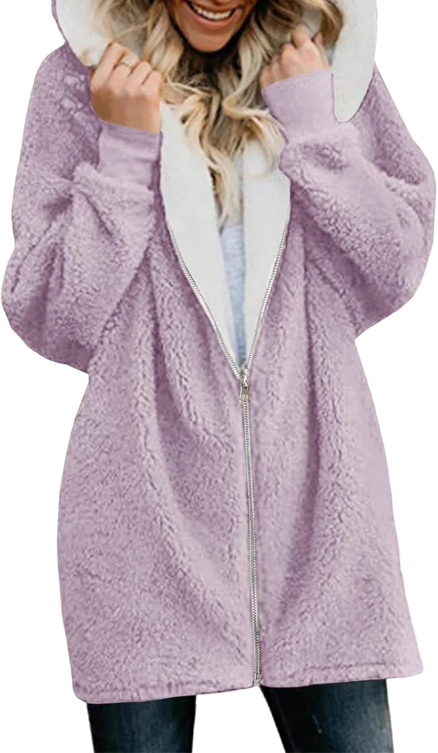 Yanekop Womens Oversized Sherpa Jacket Fuzzy Fleece Jackets Zip Up Outerwear Sweater Coat with Hood