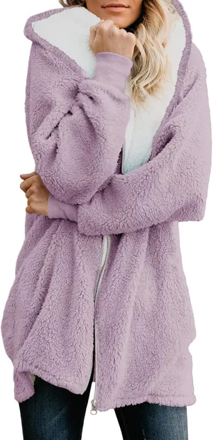 Yanekop Womens Oversized Sherpa Jacket Fuzzy Fleece Jackets Zip Up Outerwear Sweater Coat with Hood