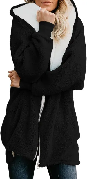Yanekop Womens Oversized Sherpa Jacket Fuzzy Fleece Jackets Zip Up Outerwear Sweater Coat with Hood