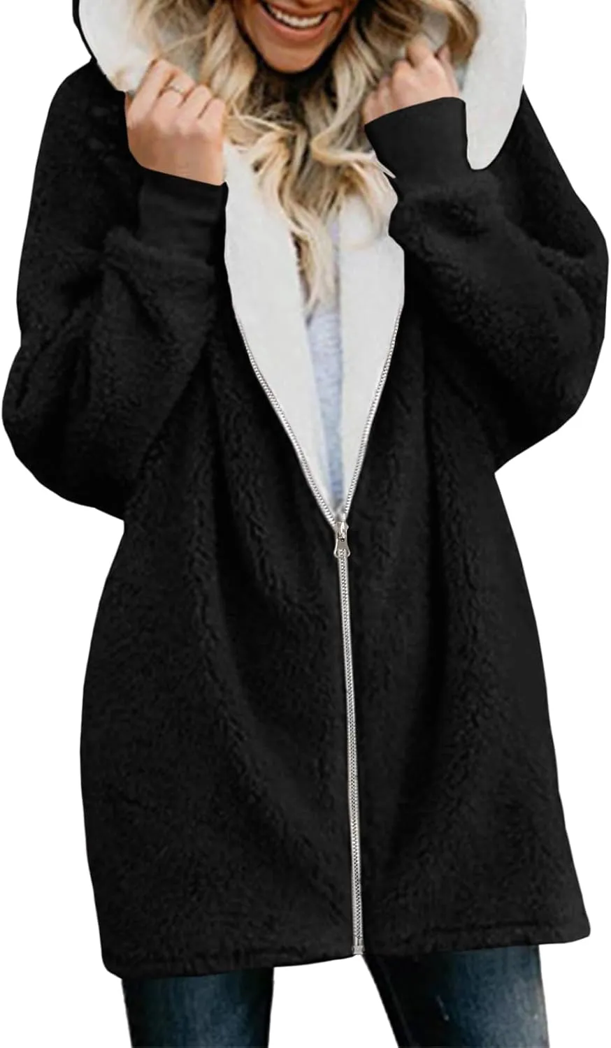 Yanekop Womens Oversized Sherpa Jacket Fuzzy Fleece Jackets Zip Up Outerwear Sweater Coat with Hood