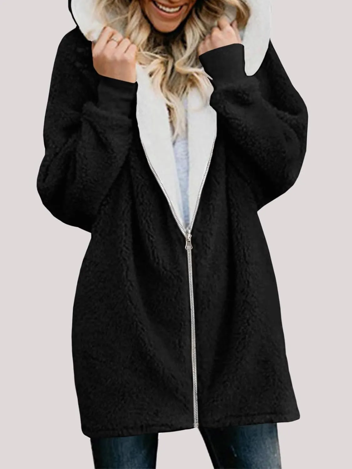 Yanekop Womens Oversized Sherpa Jacket Fuzzy Fleece Jackets Zip Up Outerwear Sweater Coat with Hood