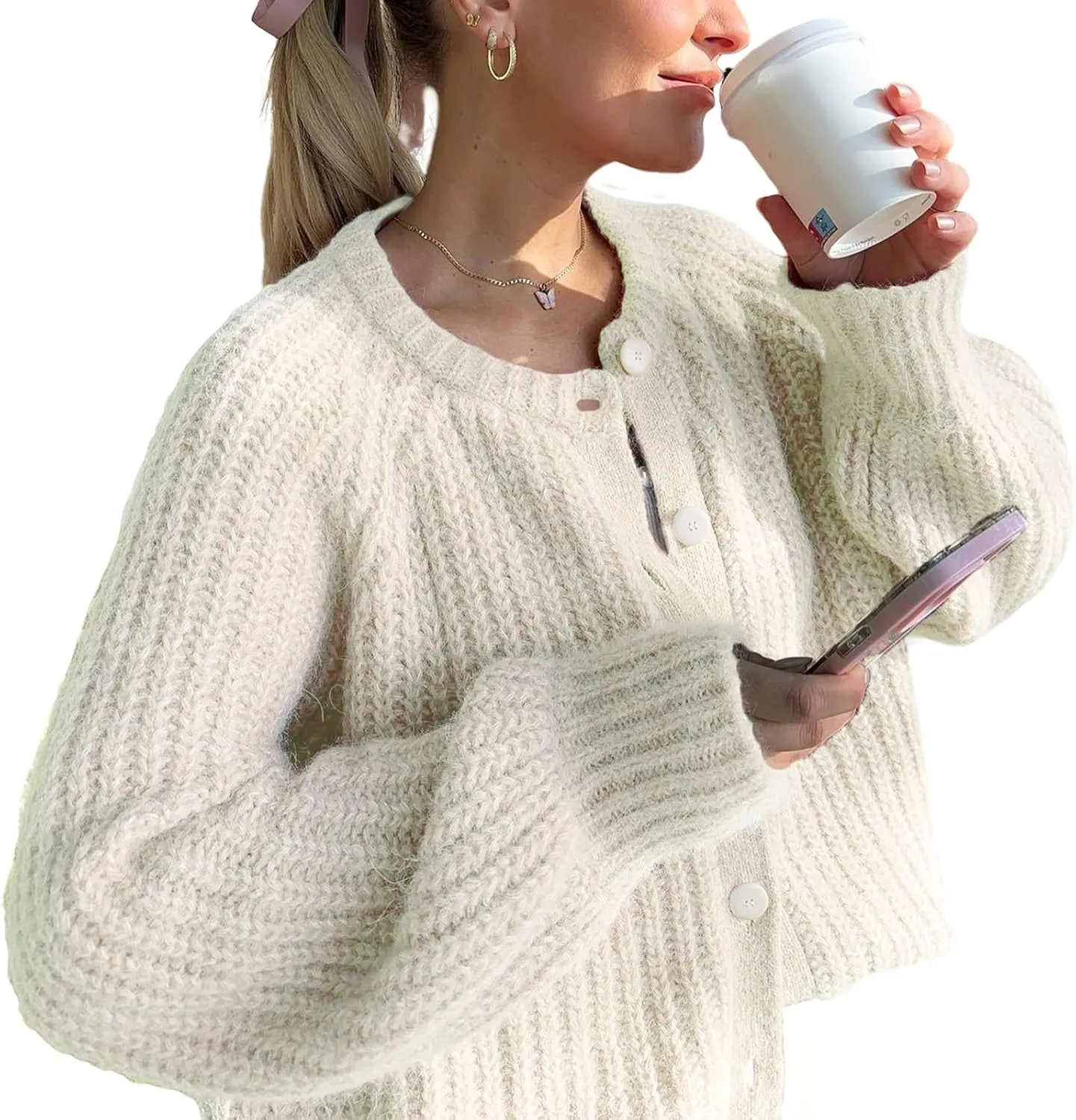Yimoon Womens Y2K Cardigan Sweater Crewneck Long Sleeve Button Down Cropped Knit Cardigan Outwear 2024