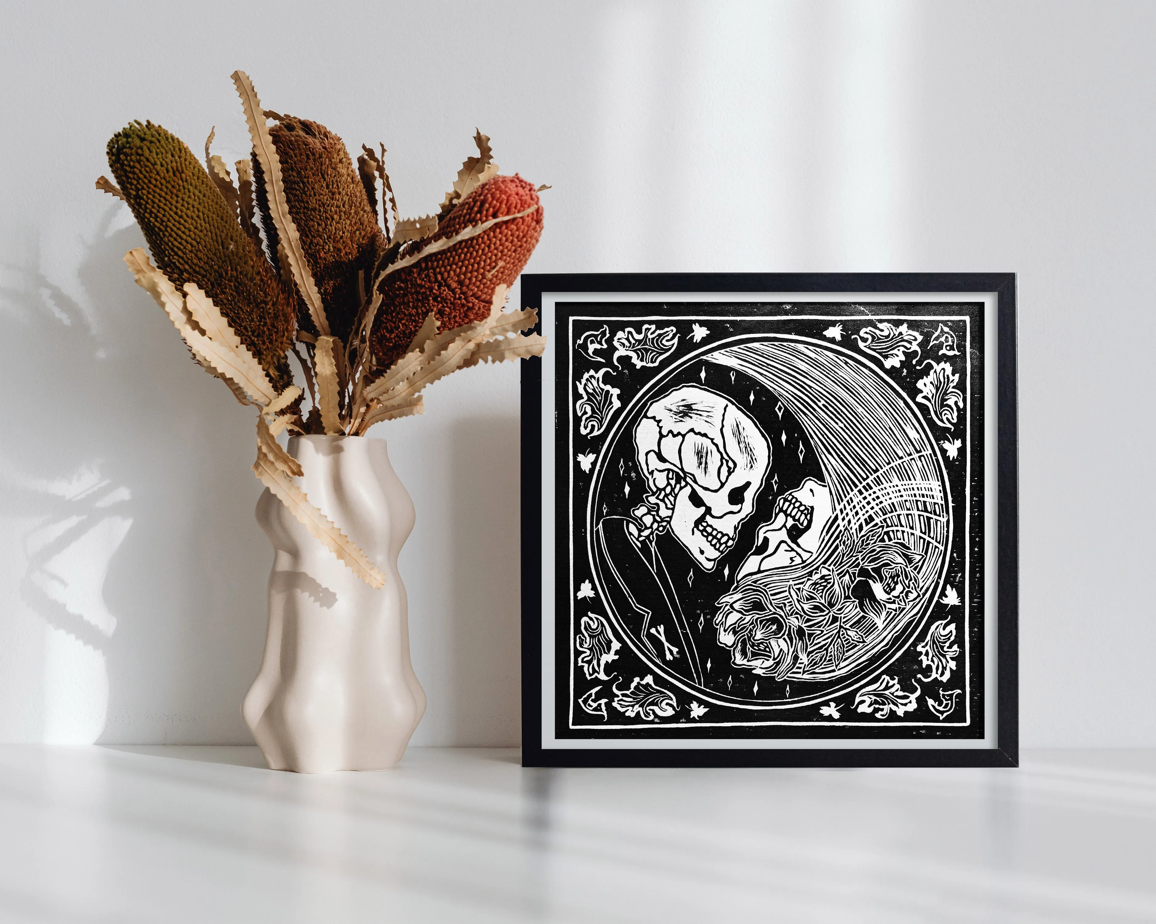 Yin yang eternal love Her and him skull Linocut print for Gothic lover gift UNFRAMED