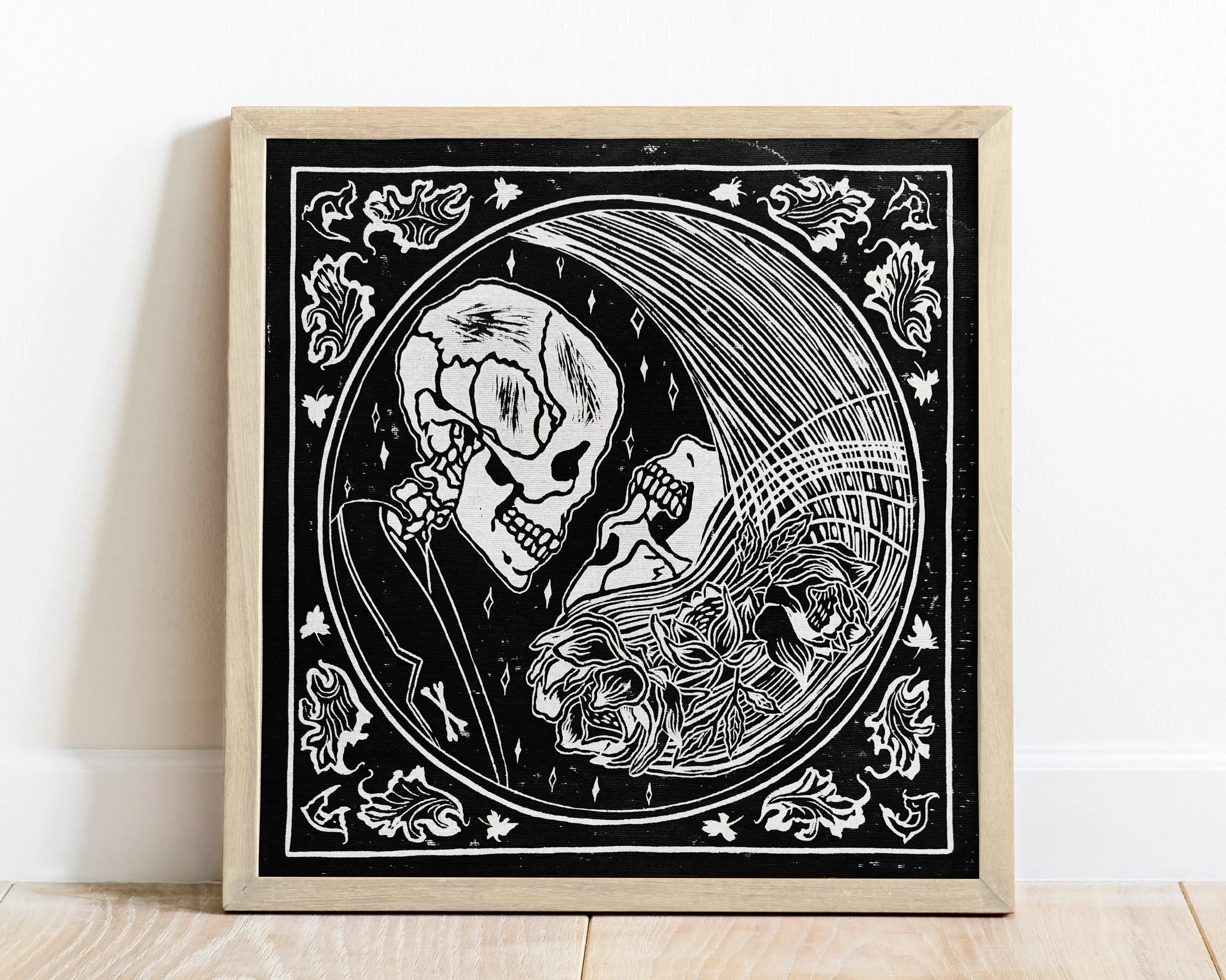 Yin yang eternal love Her and him skull Linocut print for Gothic lover gift UNFRAMED