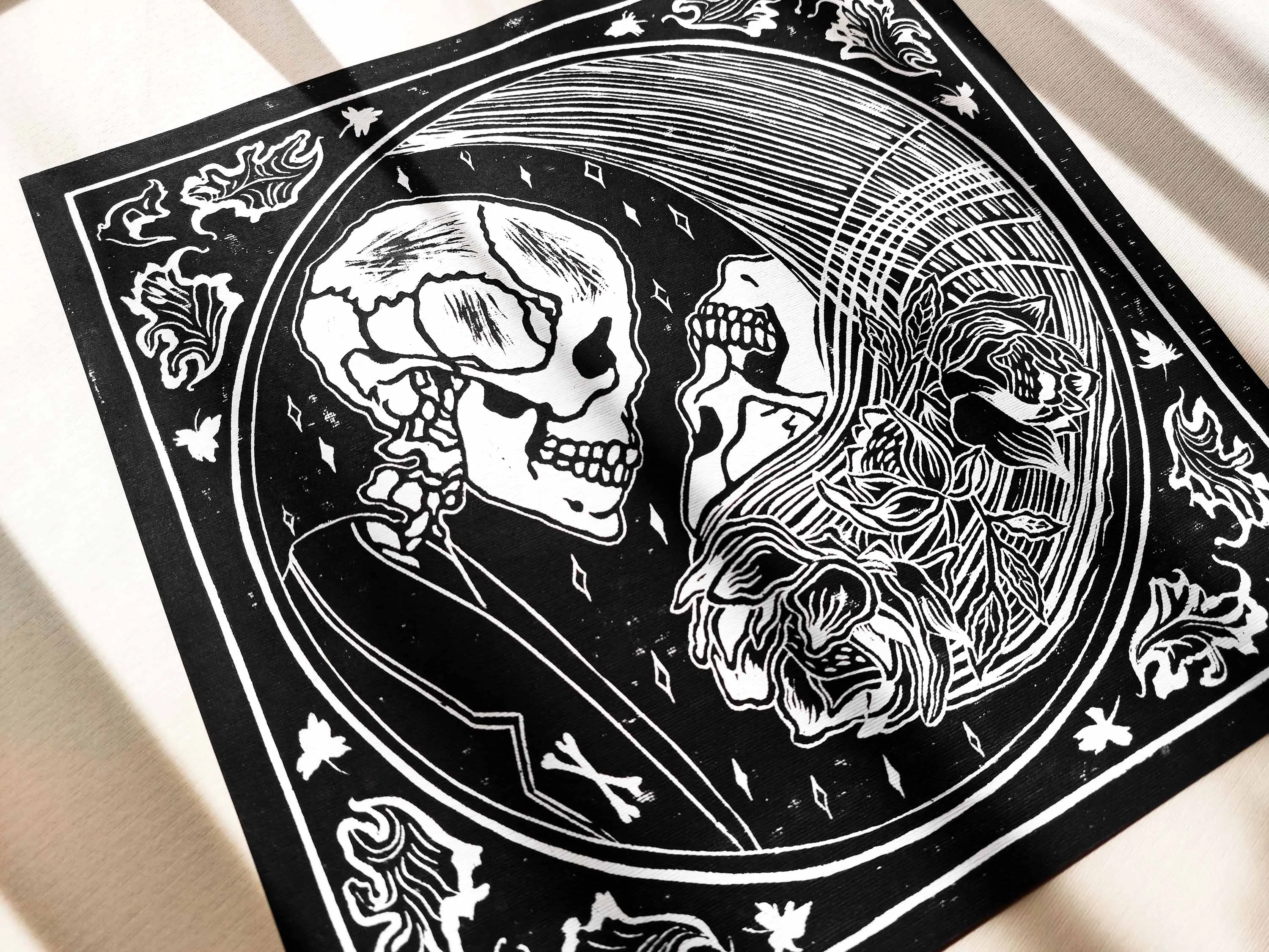 Yin yang eternal love Her and him skull Linocut print for Gothic lover gift UNFRAMED