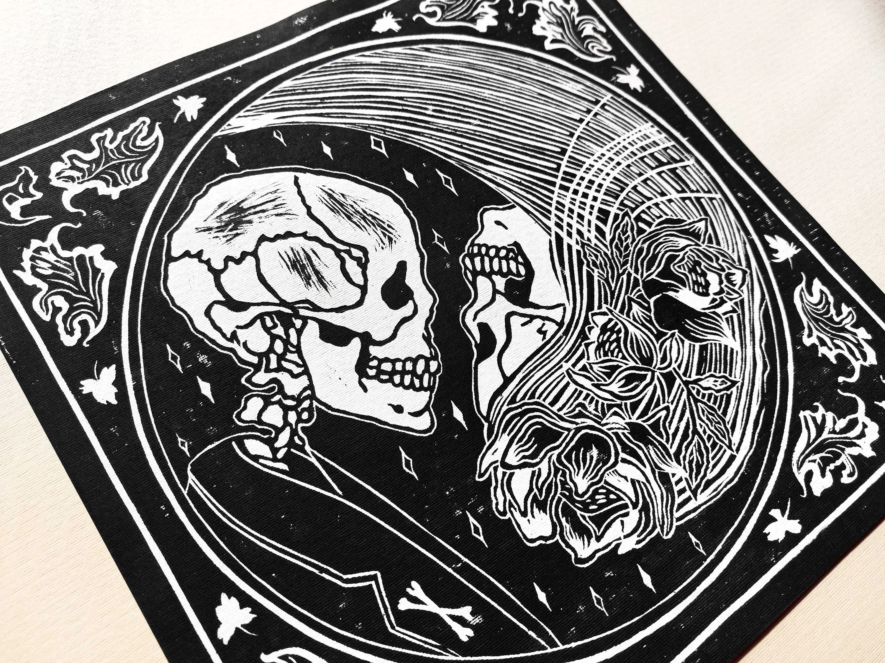 Yin yang eternal love Her and him skull Linocut print for Gothic lover gift UNFRAMED