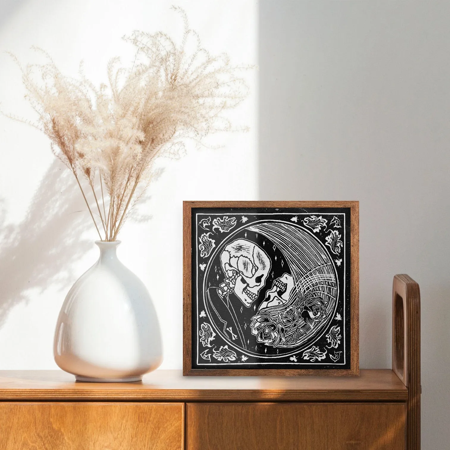 Yin yang eternal love Her and him skull Linocut print for Gothic lover gift UNFRAMED