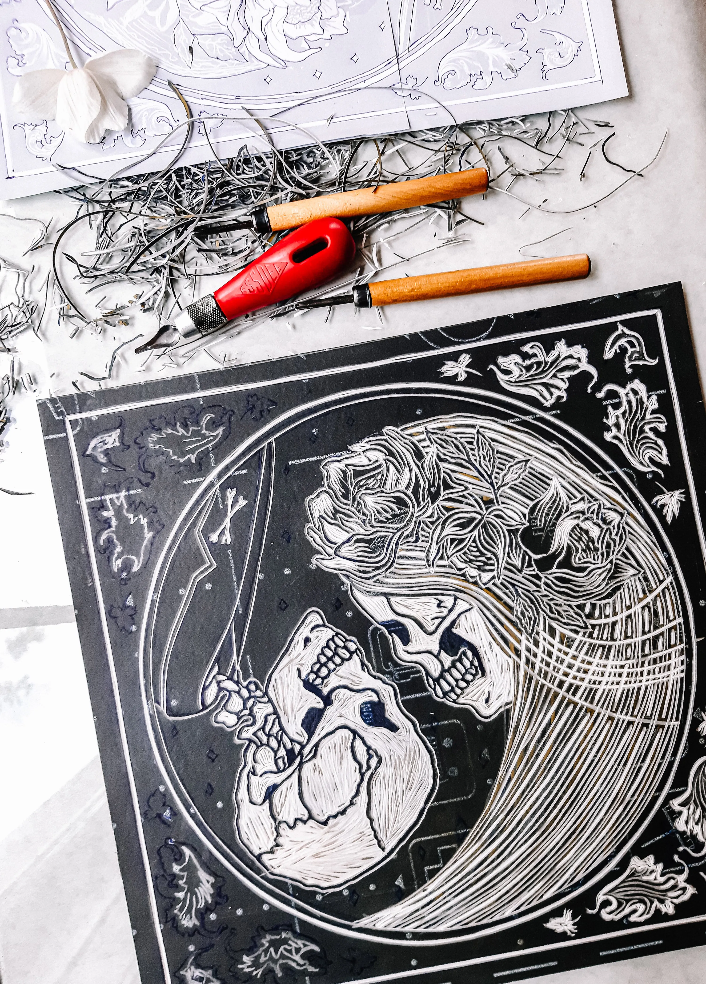 Yin yang eternal love Her and him skull Linocut print for Gothic lover gift UNFRAMED
