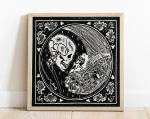 Yin yang eternal love Her and him skull Linocut print for Gothic lover gift UNFRAMED