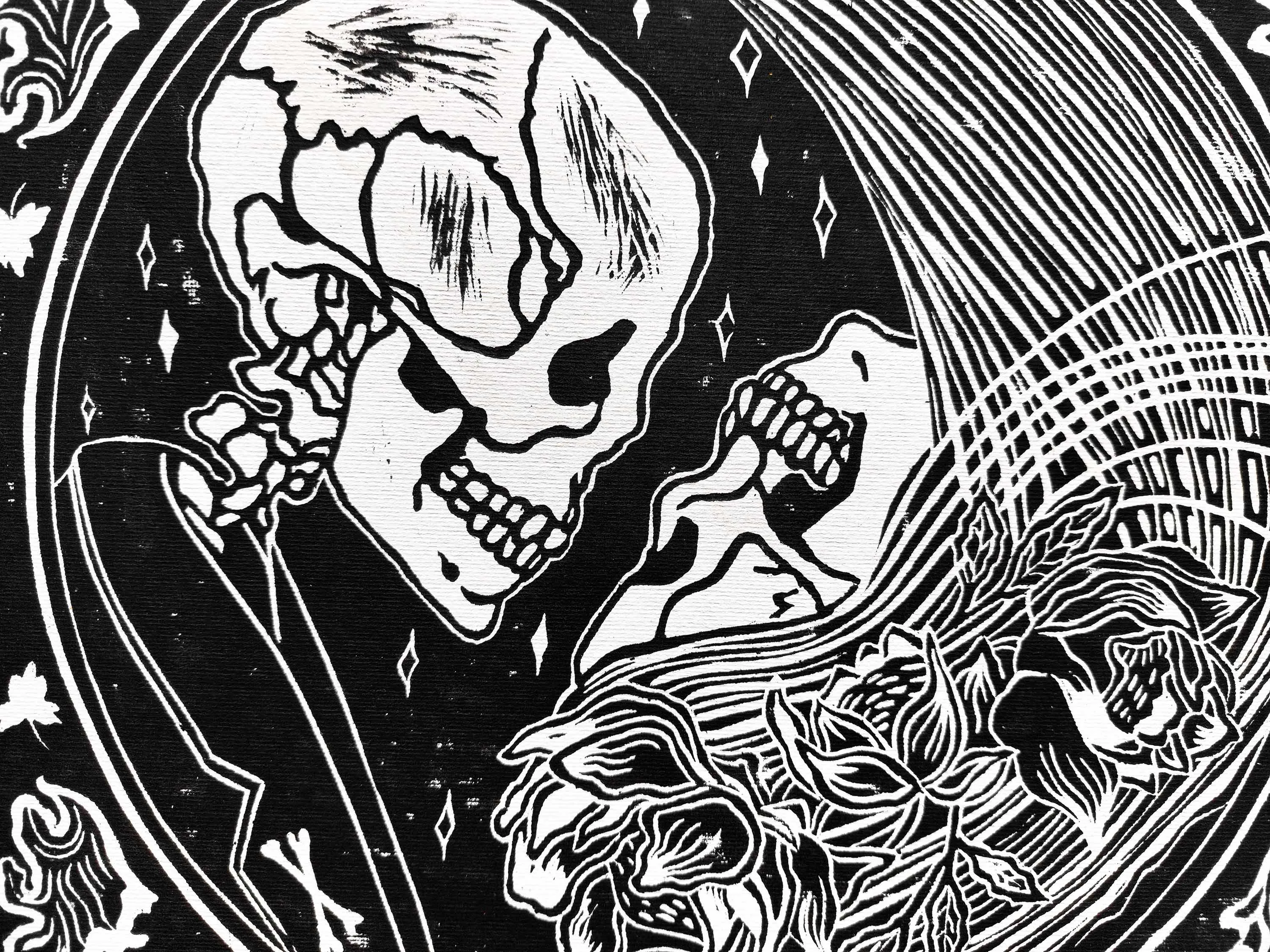 Yin yang eternal love Her and him skull Linocut print for Gothic lover gift UNFRAMED