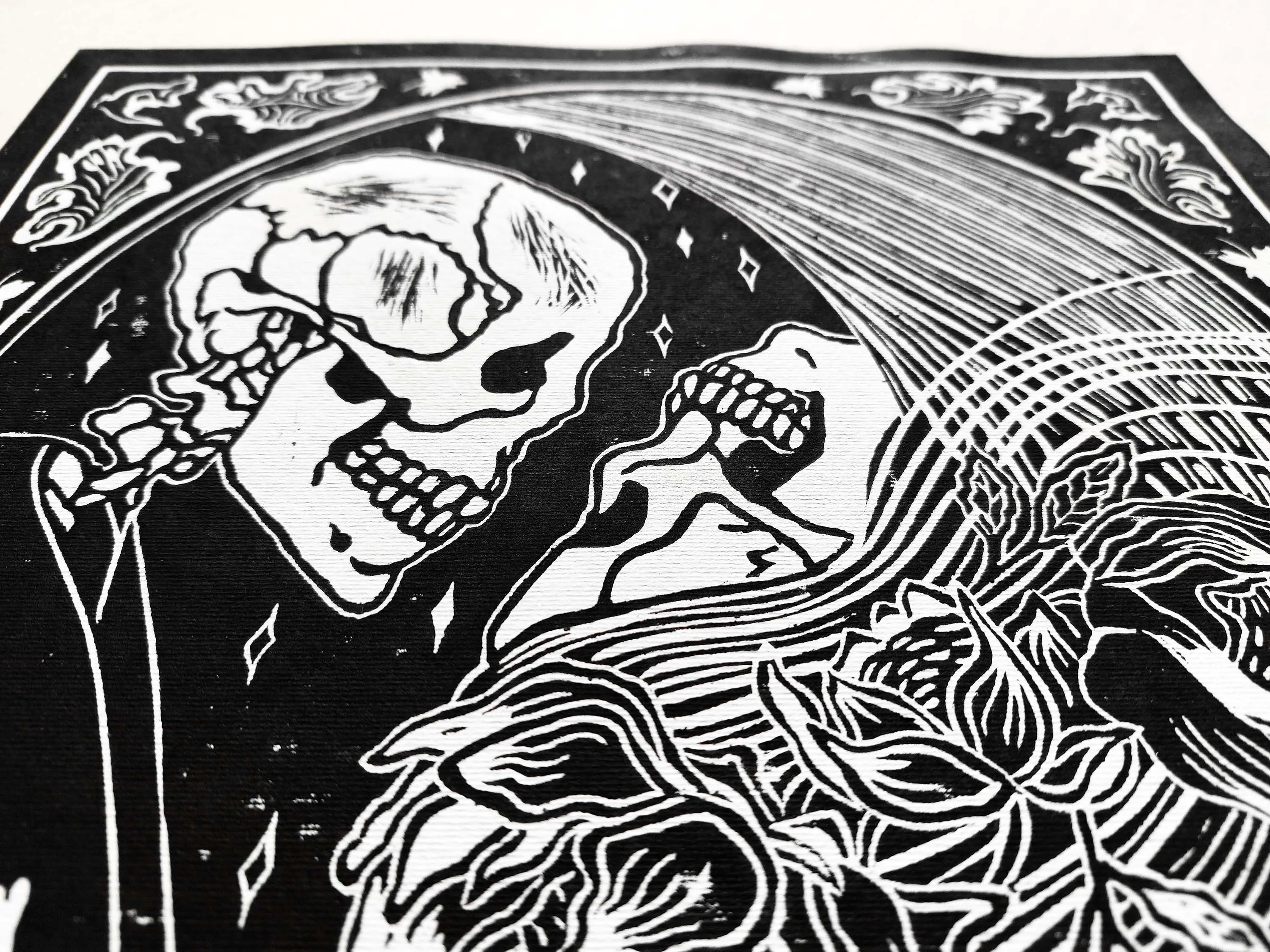 Yin yang eternal love Her and him skull Linocut print for Gothic lover gift UNFRAMED