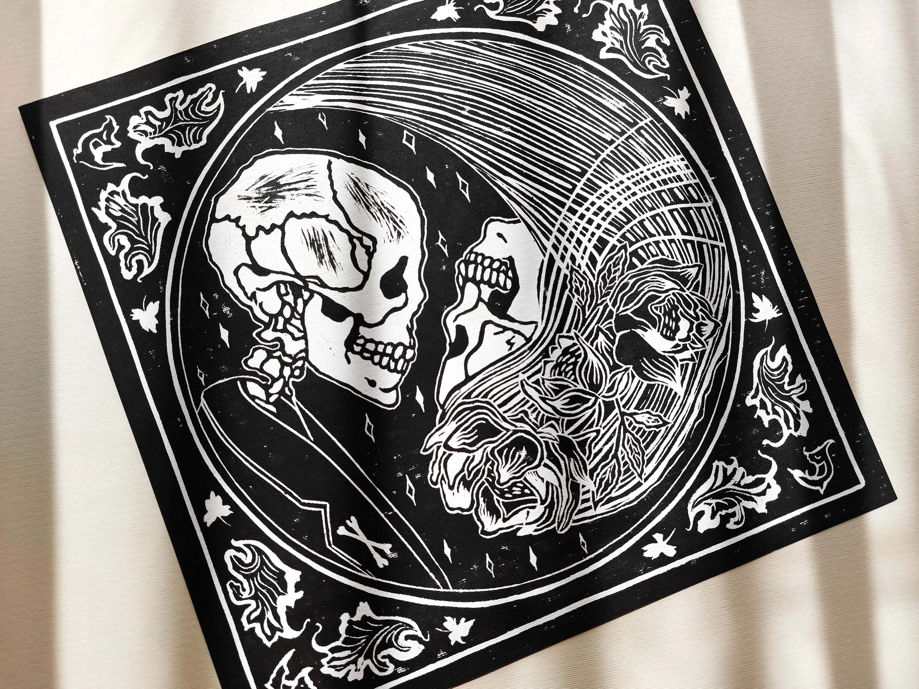 Yin yang eternal love Her and him skull Linocut print for Gothic lover gift UNFRAMED