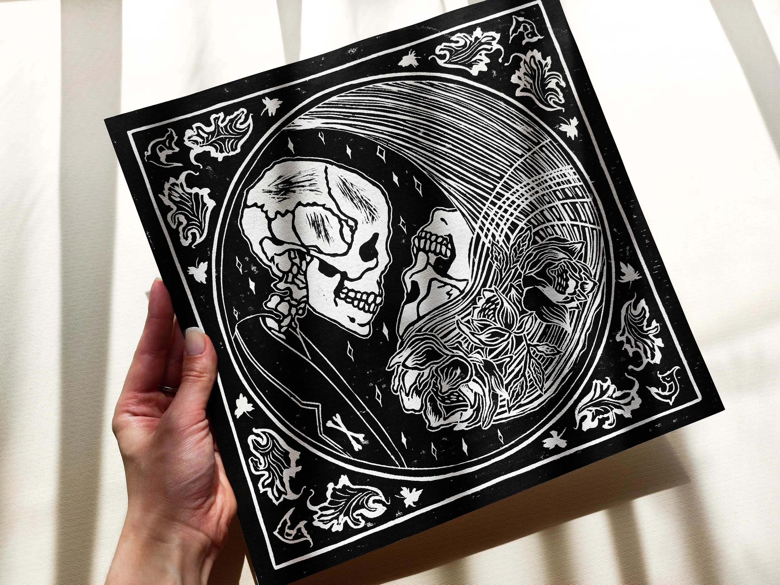 Yin yang eternal love Her and him skull Linocut print for Gothic lover gift UNFRAMED